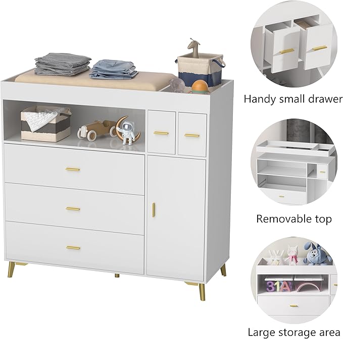 PAKASEPT Changing Table with Drawers, Changing Table Dresser with 5 Drawer & Cabinet