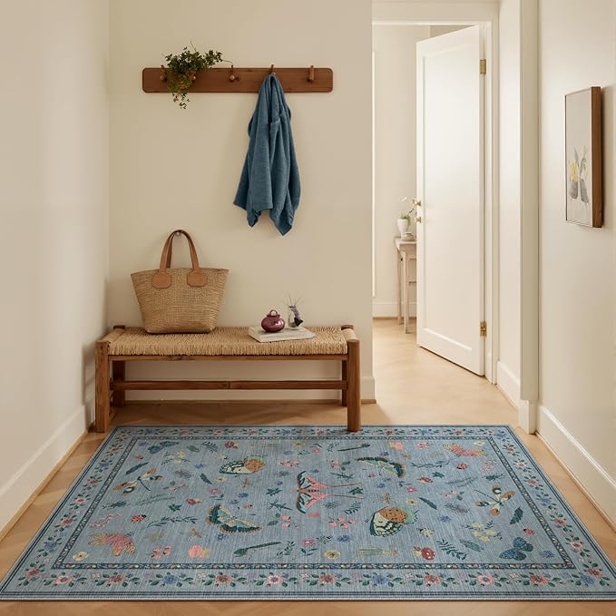3x5 Washabl Rug with Insect Print - Bug Rug Non-Shedding Stain Resistant Soft Small Carpet for Bedroom, Low Pile Ultra-Thin Machine Washable Carpet for Nursery,Entrance, Office (3'x5' Blue)