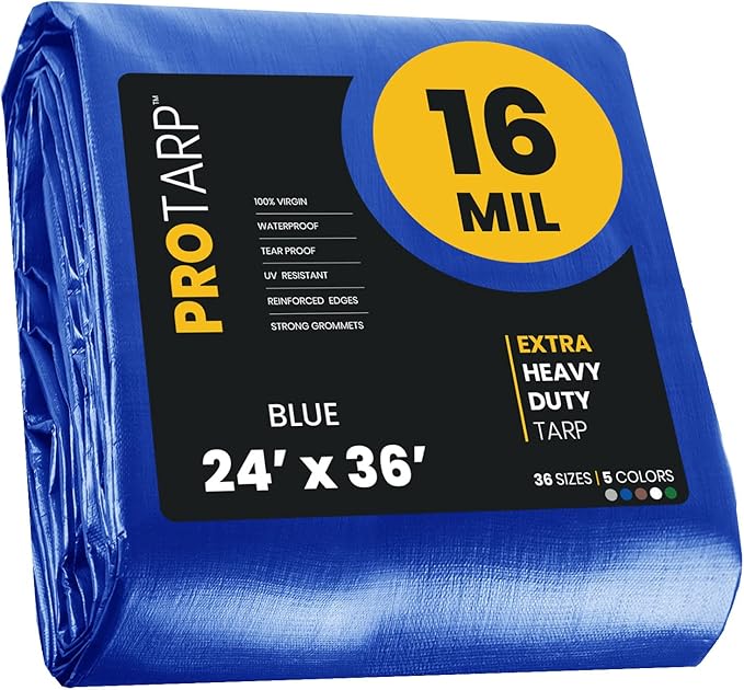 PROTARP Extra Heavy Duty 16 Mil Tarp Cover, Waterproof, UV Resistant, Rip and Tear Proof, Poly Tarpaulin with Reinforced Edges for Roof, Camping, Patio, Pool, Boat. (Blue 24′ X 36′)