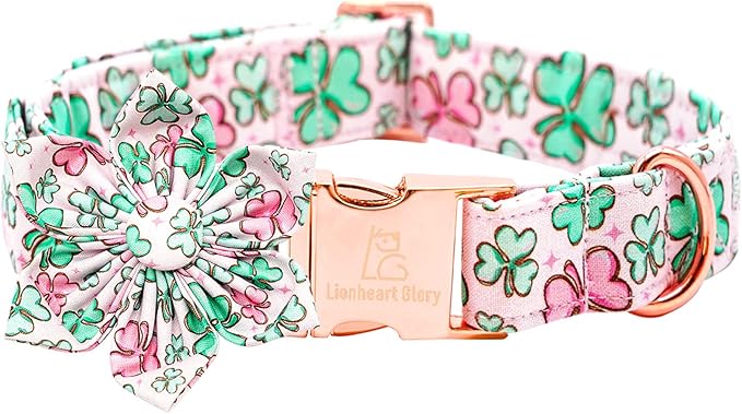Lionheart glory St. Patrick's Day Dog Collar with Flower Dog Collars for Medium Dogs, Heavy Duty Green Collars Lucky Clover Shamrock Dogs Collar Flower Puppy