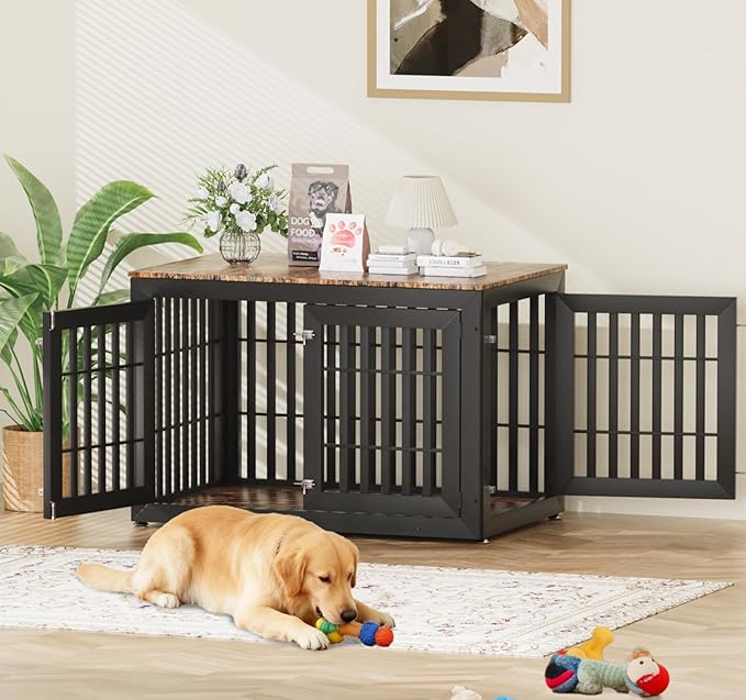 48" Heavy Duty Dog Crate Furniture for Small,Medium and Large Dogs,Rustic Wooden Dog Cage Kennel Indoor Furniture with Waterproof Top,Decorative Pet House Side End Table (Black & Wood)