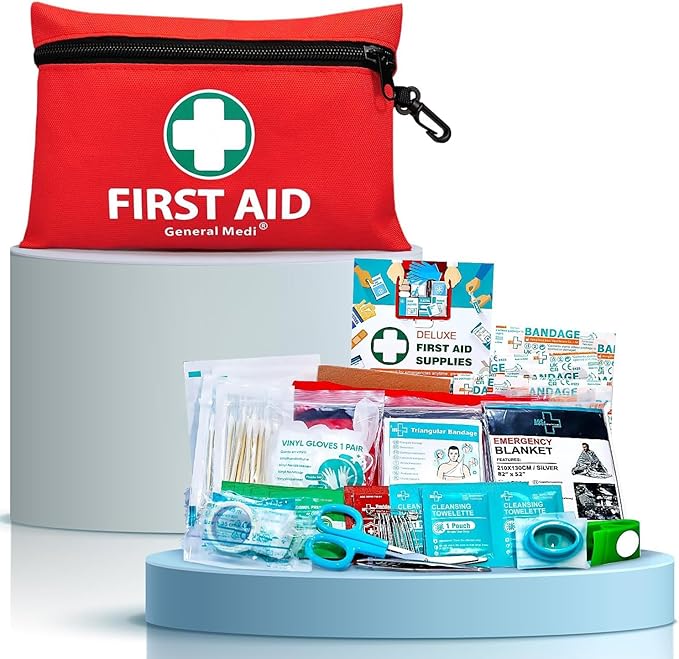 General Medi Mini First Aid Kit, 110 Piece Small First Aid Kit - Includes Emergency Foil Blanket, Scissors for Travel, Home, Office, Vehicle, Camping, Workplace & Outdoor (Red)