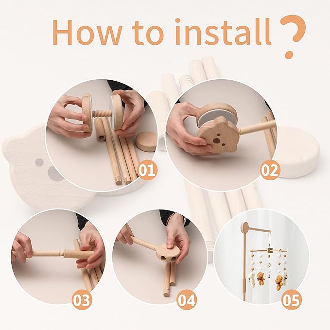 Wooden Crib Mobile Arm | Crib Mobile Holder | Nursery Mobile Hanger Cartoon Bear | Rotatable Height Adjustable Hanging Fits Wide or Thick Railings Baby Shower Gift Nursery Decoration