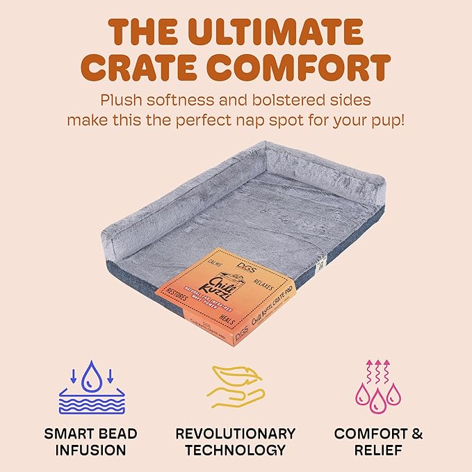 Dog Gone Smart Chill Kuzzi Dual Bolster Crate Pad - Washable Dog Bed Infused with Far Infrared Rays (FIR) - Supportive Plush Cushion for Crates, Travel, and Recovery - Slate Blue, Large 22 x 35 Inches