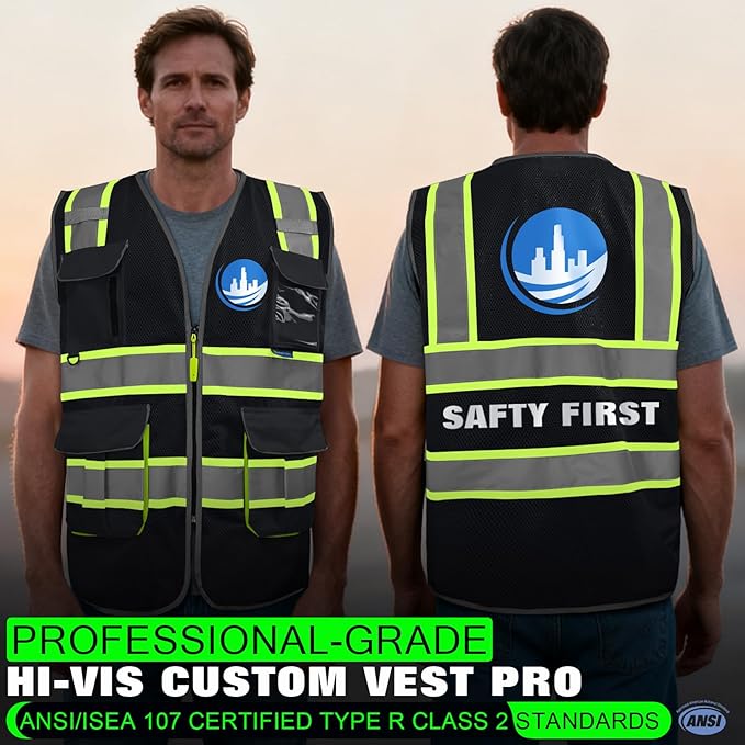 BeautyWill 5 Pack Safety Vest Class2 ANSI Certified Custom Logo High Visibility Reflective Vest for Men -10 Pockets Personalized Logo Heavy-Duty Work Vest（Mesh Black，M）