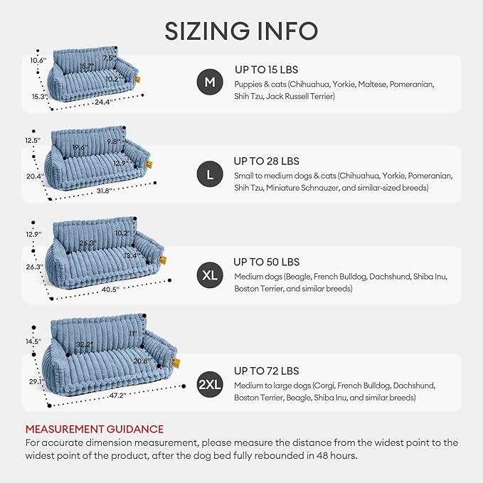 FUNNY FUZZY Dog Bed Orthopedic & Fluffy Dog Couch Bed, Corduroy Fleece Pet Beds Washable, Supportive Foam Pet Sofa Bed with Removable Zipper Cover - Snoozy Dream, Blue, XXL
