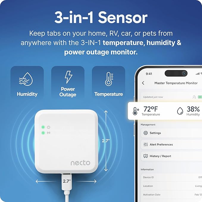 Necto RV Pet Temperature Monitor - No WiFi Required - Remote Power Outage & Temp Sensor with App Alerts. Cellular Monitoring System for Home Safety & Server Room (1 Year Subscription Included)