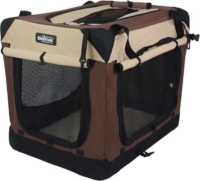 EliteField 4-Door Folding Soft Dog Crate with Curtains, Carrying Bag and Fleece Bed (2 Year Warranty), Indoor & Outdoor Pet Home (36" L x 24" W x 28" H, Brown+Beige)