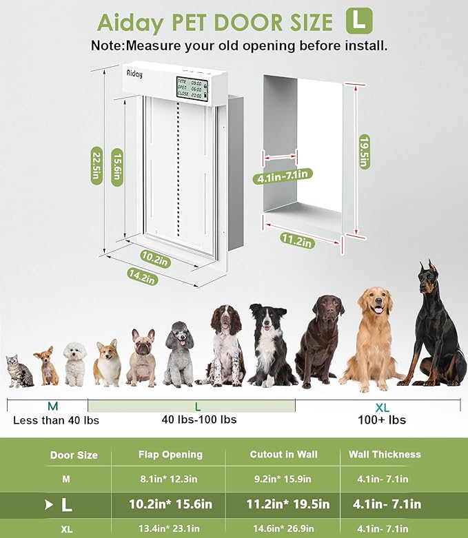 Automatic Dog Door for Wall with Sensor Collars, Large Smart Pet Door for Wall, Custom Scheduling & Anti-Pinch, Fits Large Dogs up to 100 lbs (L)