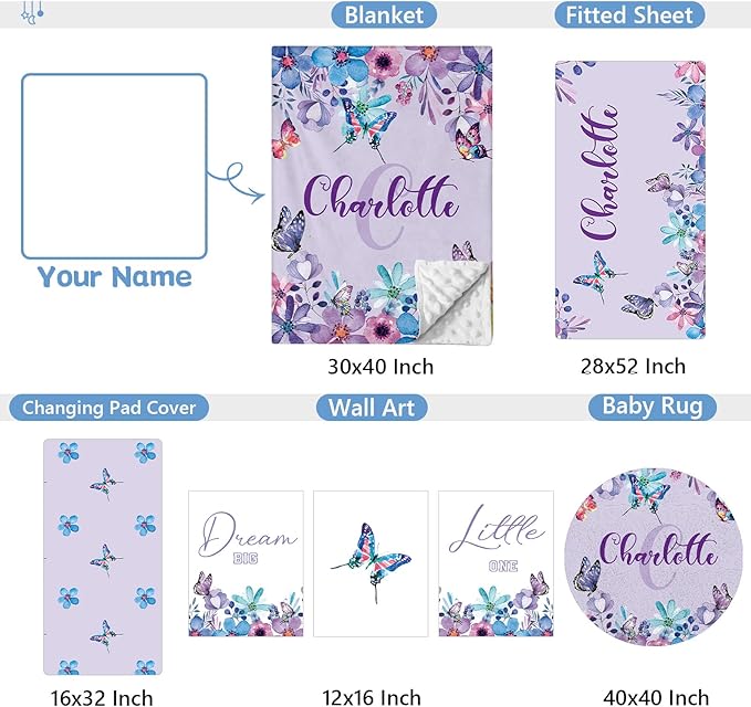 Personalized 5-Piece Crib Set, Custom Bedding With Name for Girls, Purple Butterfly Nursery Set, Gifts for Infants, Toddlers, New Parents