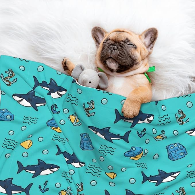 Two Sided Plush Pet Blanket for Warmth Comfort, Cute Shark and Anchor, Reversible Throw with Cozy Nubby Side for Chilly Nights Napping Spots Around House