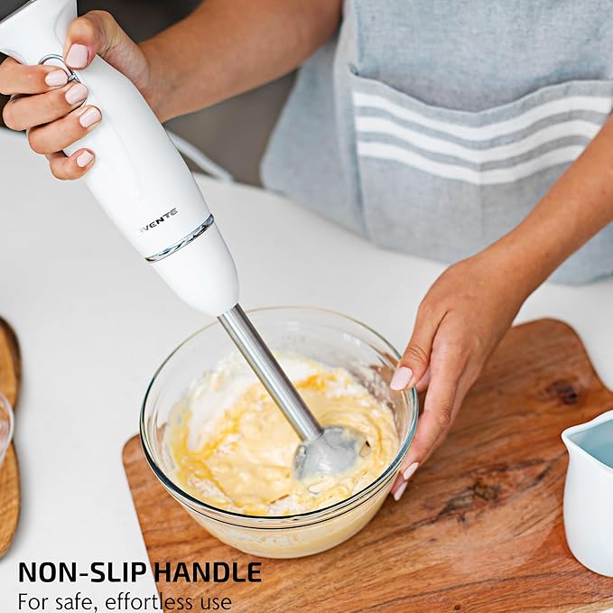 OVENTE Immersion Hand Blender, 300W Electric Handheld Portable Stick Mixer with 2 Mixing Speed and Stainless Steel Blades for Effortless Blending Smoothies, Shakes, Puree or Baby Food, White HS560W