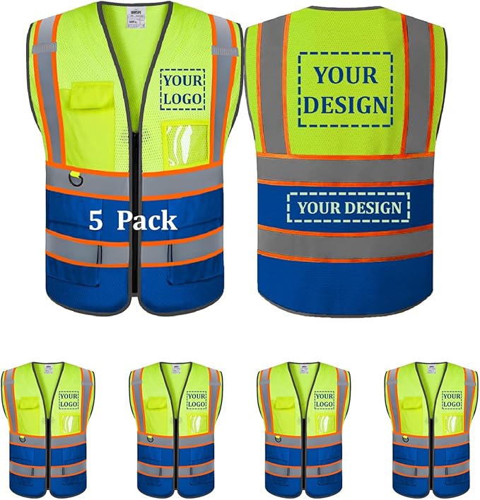 5 Pack Custom Mesh Safety Vest Customized Logo Class2 High Visibility Reflective Vest with Pockets Construction workwear（Yellow Blue，3XL ）
