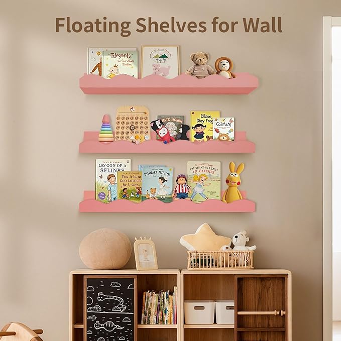 Nursery Book Shelves, 4 Pack Pink Floating Shelves for Wall, Wood Scalloped Shelves for Storage Books, Wall Book Shelf for Kids Rooms, Bedroom, Toddler Room, Baby Room, Nursery Decor