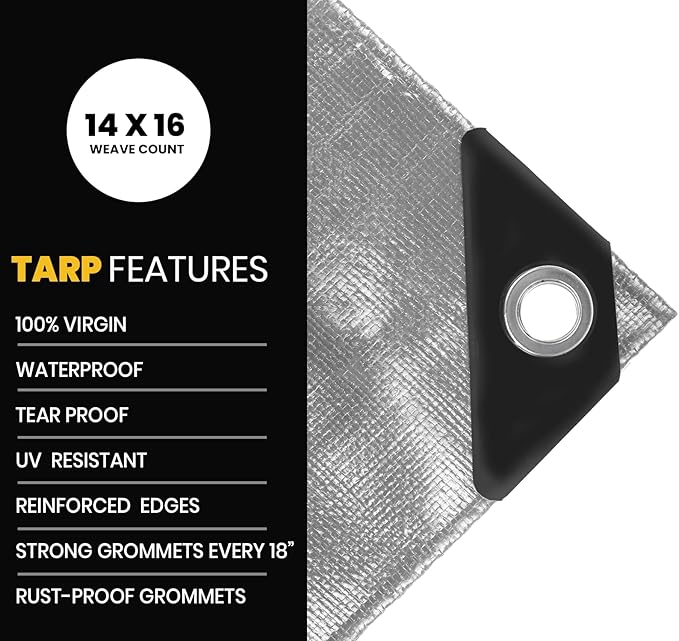 PROTARP Extra Heavy Duty 16 Mil Tarp Cover, Waterproof, UV Resistant, Rip and Tear Proof, Poly Tarpaulin with Reinforced Edges for Roof, Camping, Patio, Pool, Boat. (Silver/Black 10′ X 20′)