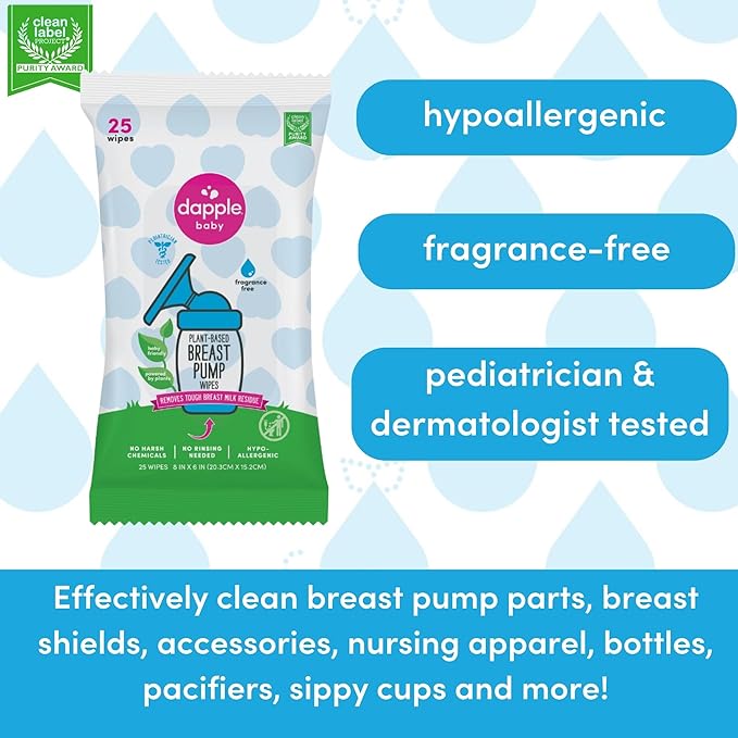 Dapple Baby Breast Pump Wipes, Powered by Plants, Hypoallergenic, Removes Milk Residue, No Rinse, Fragrance Free, 25 Count (Pack of 3)