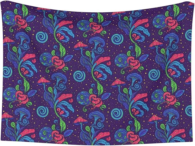 Two Sided Pet Cuddler Blanket for Anxiety Calming, Colorful Doodle Surreal Landscape Fantastic Mushroom, Reversible Plush Design with Bubble Dot Pattern Provides Familiar Surface Anywhere