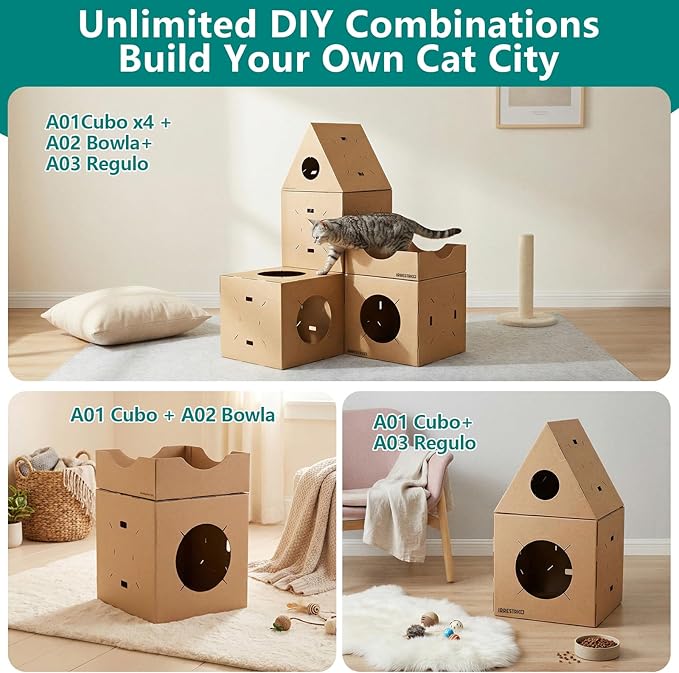 Modular Cardboard Cat Condo System, Semi-Enclosed Cube Module with Side Openings, Foldable Stackable DIY Cat House for Indoor Cats