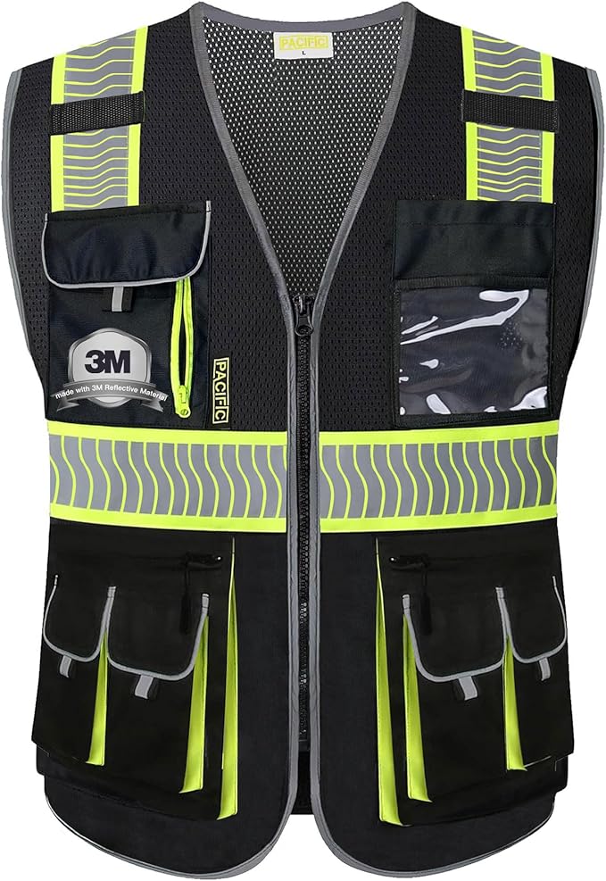 PACIFIC 10 Pockets Class 1 Safety Vest for Men, 3M High Visibility Reflective Strips, Meets ANSI/ISEA Standard, Black, XX-Large