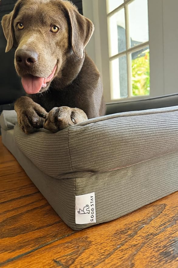 Gray Corduroy Orthopedic Dog Bed with Bolster – Memory Foam, Washable Removable Cover, Non-Slip Bottom (Large)