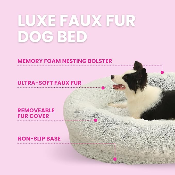 Glow Pups Calming Dog Bed with Memory Foam Nesting Bolster, Ultra-Soft Faux Fur, Removable Fur Cover, Non-Slip Base, Machine Washable, Suitable for All Dog Breeds, Light Grey (29.5" X 21.7" X 7")