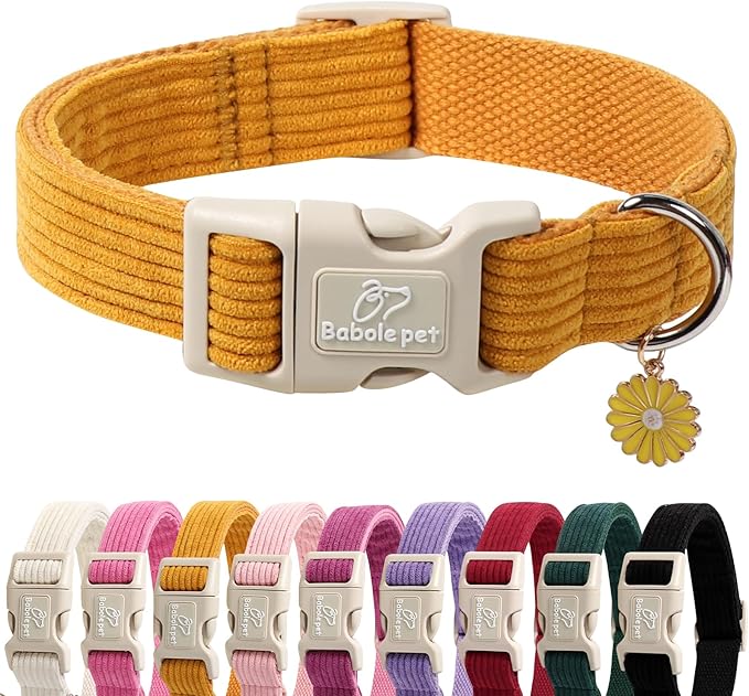 Cute Corduroy Dog Collar - Mustard Yellow Adjustable Dog Collars for Small Dogs 10-25lbs, Fade-Proof with Secure Snap & Little Charm, Christmas Birthday Gift, S
