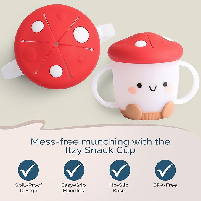 Itzy Ritzy Toddler Snack Cup - Spill-Proof Snack Cup for Toddlers with Soft Silicone Lid for Easy Food Access - Easy-To-Hold Kids Snacks Container With Handles - Ideal for 12 months & Up (Mushroom)