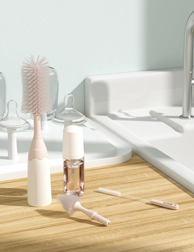 Momcozy Bottle Brush Kit, Innovative Push-Press Design for Better Cleaning - Baby Bottle Cleaner Brush for Baby Bottle, Breast Pumps, Nipples, and More - Can Generate Foam for Better Cleaning, Pink