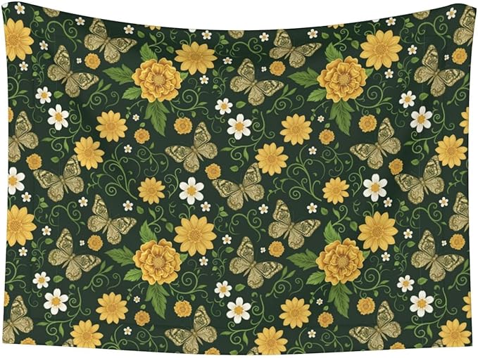 Two Sided Pet Cuddler Blanket for Anxiety Calming, Gold Flowers with Butterfly, Reversible Plush Design with Bubble Dot Pattern Provides Familiar Surface Anywhere