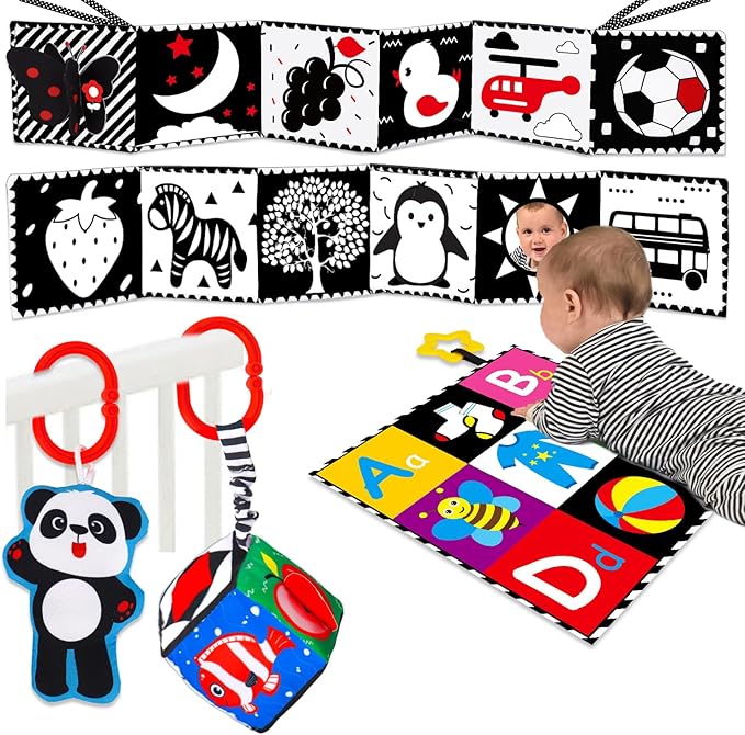 4 PCS Black and White High Contrast Baby Toys 0-3-6 Months Newborn Essential Montessori Toy for Babies Crinkle Sensory Book Brain Development Tummy Time Mirror Infant Carseat Rattle Easter Shower Gift