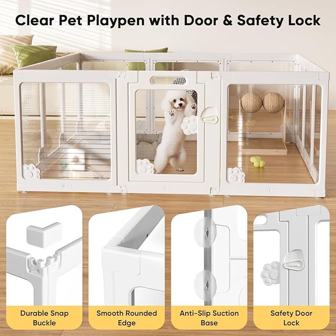 24“ Acrylic Clear Dog Play Pen Indoors 10 Panels, Puppy Playpen with Door for Small Dogs Puppies, Transparent Plastic Pet Playpen Cage Fence Crate Kennel for Cat Kitten Rabbit Bunny Ferret etc