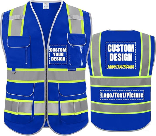 BeautyWill Custom Logo Safety Vest 8 Pockets Class2 ANSI Certified High Visibility Reflective Vest for Men - Personalized Logo Heavy-Duty Work Vest（Blue，M）