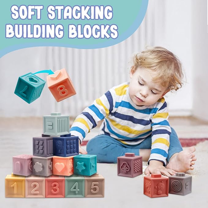 Montessori Toys for Babies 6-12 Months, Soft Baby Blocks Toys Set, 3 in 1 Infant Stacking Building Blocks, Teething Toys Sensory Balls Educational Learning Toys for Toddlers 3-6-9-11 Months Boys Girls