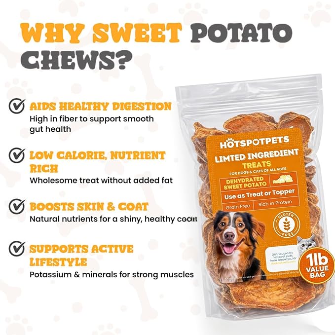 hotspot pets Dehydrated Sweet Potato Dog Treats - 1lb All-Natural, High Protein, Low Fat - Slow Roasted Oven Baked A Healthy Rawhide Alternative Dog Chews - Training & Treats