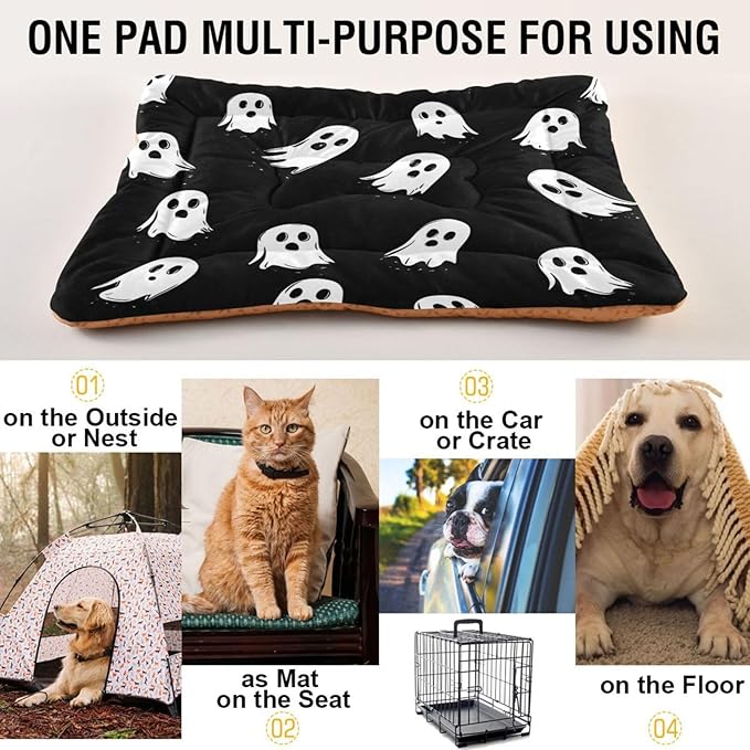 Halloween Dog Bed Mat Halloween Ghost Spooky Comfortable Pet Kennel Beds Washable Cat Beds Crate Pad Pets Sleeping Mattress for Large Medium Small Dogs 24 x18 Inch