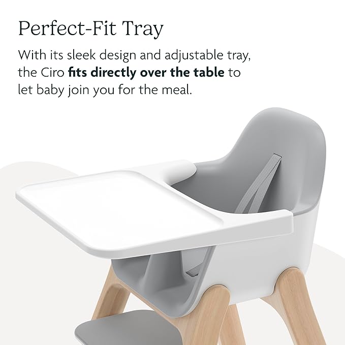 UPPAbaby Ciro High Chair/Sleek, Easy-to-Clean Design/Perfect-Fit Tray to Bring Baby to Table/Patent-Pending Harness/Dual-Position, 180-Degree Rotating Footrest/Chloe (Grey/Rubberwood)