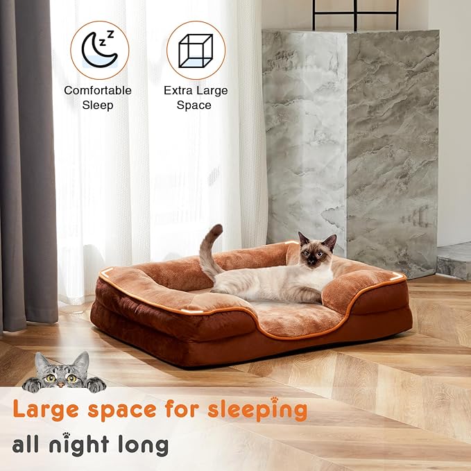 Sweetcrispy Orthopedic Dog Bed, XL Large Memory Foam Puppy Cat Bed with Washable Waterproof Removable Cover & Non-Slip Bottom for Pet Calming Sleeping (42"x32", Brown)