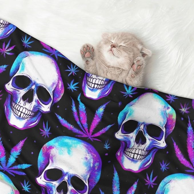 Reversible Plush Pet Blanket for Puppies Kittens, Blue Weedleaf Trippy Skull Crossbones Black, Double Sided Gentle Dot Texture for New Pets Adjusting to Home Environment Softly