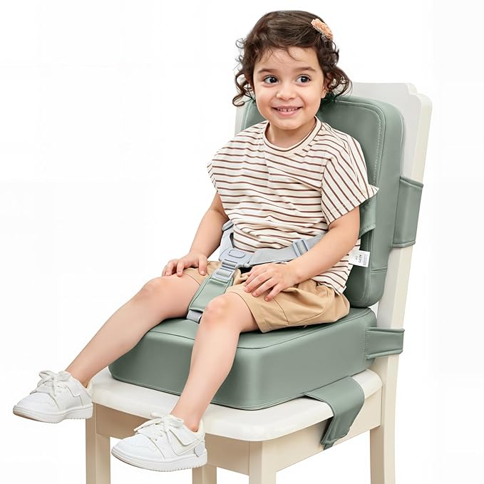 HOMEAL Toddler Booster Seat for Dining Table - Booster Seat for Kitchen Chair with Easy-Install Straps - Wipeable Surface & Removable Cover Easy to Clean -Breathable Fabric - Sage