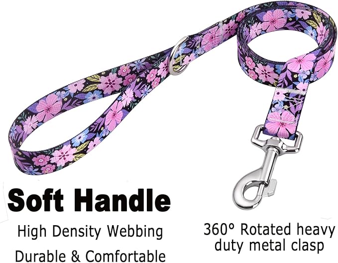 Dog Collar and Leash Set with Bohemia Floral Tribal Geometric Patterns - Soft Ethnic Style Collar Adjustable for Small Medium Large Dogs(Pink Floral Set,M)