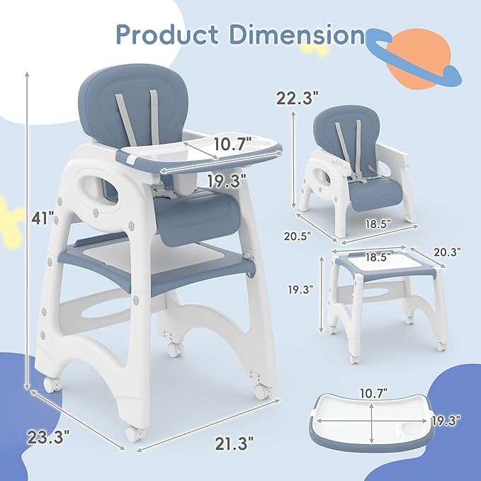 Xilingol 8 in 1 Convertible Baby High Chair W/Wheels, Baby Feeding Chair W/Adjustable Backrest & Removable Dual Tray, Building Block Table & Chair Set, HighChair for Babies & Toddlers (Blue)