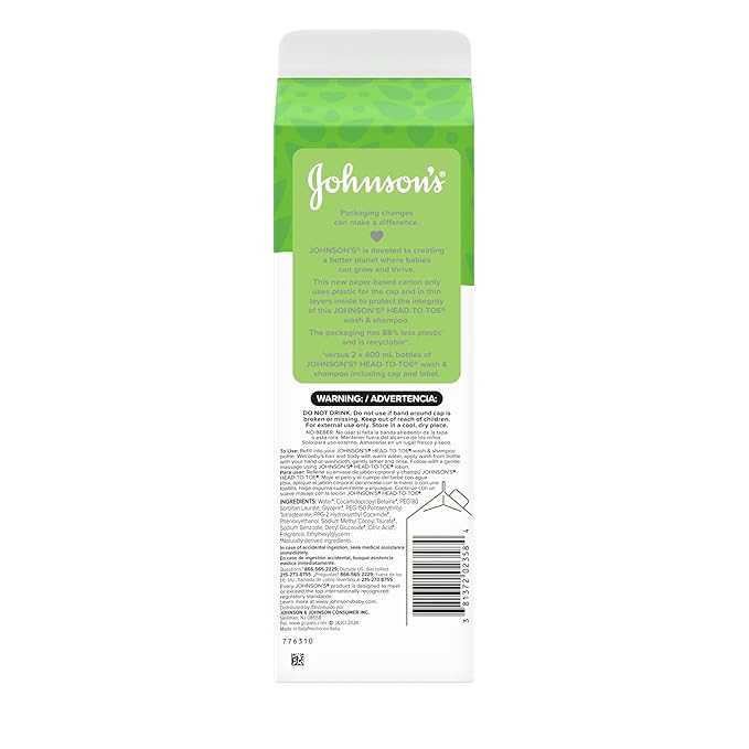Johnson's Head-To-Toe Gentle Body Wash & Shampoo for Baby's Sensitive Skin & Hair, Tear-Free, Sulfate-Free & Hypoallergenic, Value Size Refill, 33.8 fl. oz (Pack of 2)