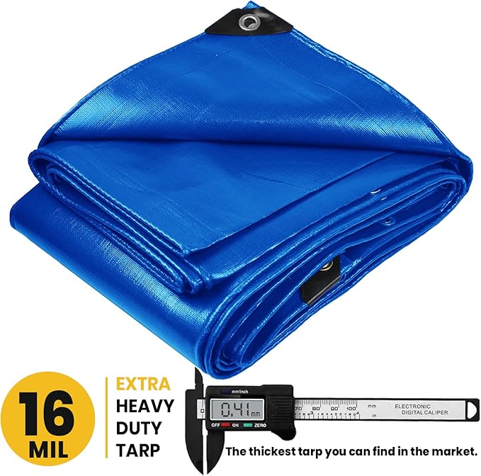 PROTARP Extra Heavy Duty 16 Mil Tarp Cover, Waterproof, UV Resistant, Rip and Tear Proof, Poly Tarpaulin with Reinforced Edges for Roof, Camping, Patio, Pool, Boat. (Blue 100′ X 100′)