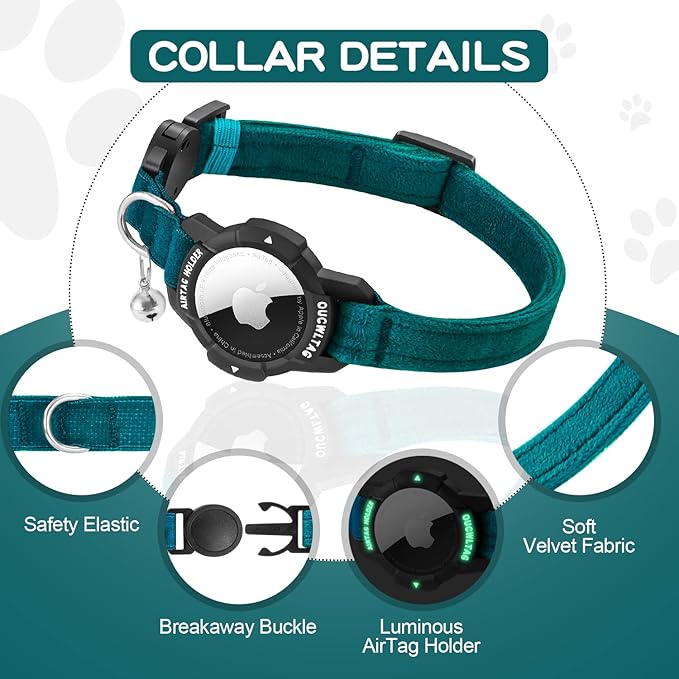 Luminous AirTag Cat Collar Breakaway, OUCWLTAG GPS Cat Collar with Apple Air Tag Holder, Cat Tracker Collars with Safety Elastic Band for Girl Boy Cats, Kittens and Puppies (Blue, 7-10 Inch)