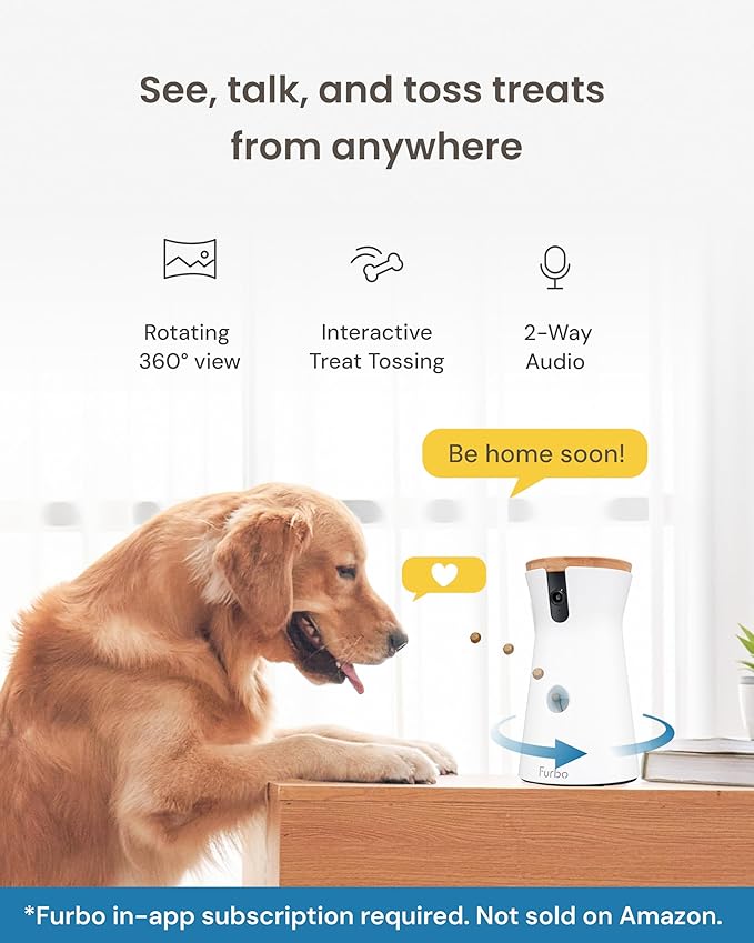 Furbo 360° Dog Camera + Power Adapter [Subscription Required] Unlock w/Paid Plan: Dog Safety Alerts, Rotating Pet Treat Toss w/ 2-Way Speaker, Smart Cam w/Phone App (Low Risk, 3mo Min. Cancel Anytime)