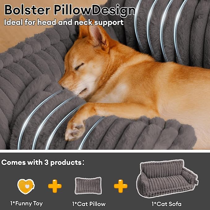 FUNNY FUZZY Dog Bed Orthopedic & Fluffy Dog Couch Bed, Corduroy Fleece Pet Beds Washable, Supportive Foam Pet Sofa Bed with Removable Zipper Cover - Snoozy Dream, Dark Grey, XL