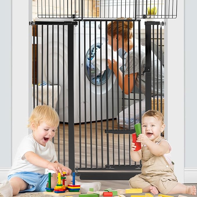 71 Inch Extra Tall Pet Gate with Small Cat Door, 29.55"-46.06" Adjustable Wide Dog Gate, Tall Cats Gates for Doorway, Stairs, House(Black)