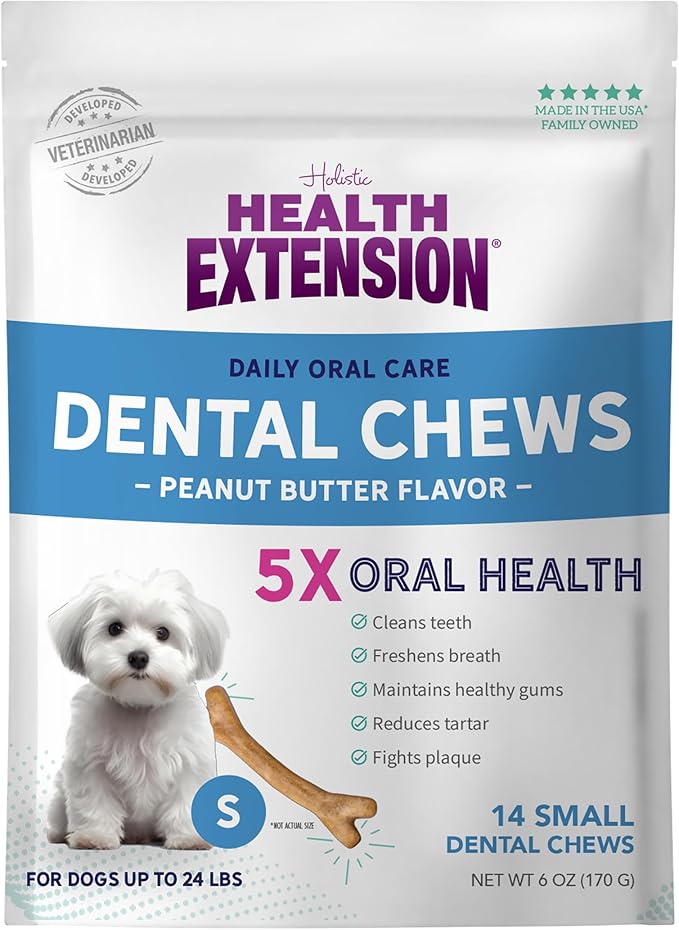 Health Extension Peanut Butter Dental Bones for Dogs, 14 Small Bones – Supports Dental Health, Delicious Flavor, Ideal for Puppy Training