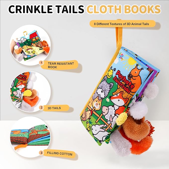 Jollybaby Baby Cloth Books, Touch & Feel Crinkle Soft Books, for Infants Babies, Toddler Early Educational Interactive Stroller Toys, Baby Girl & Boy Gift(Plush Tails)