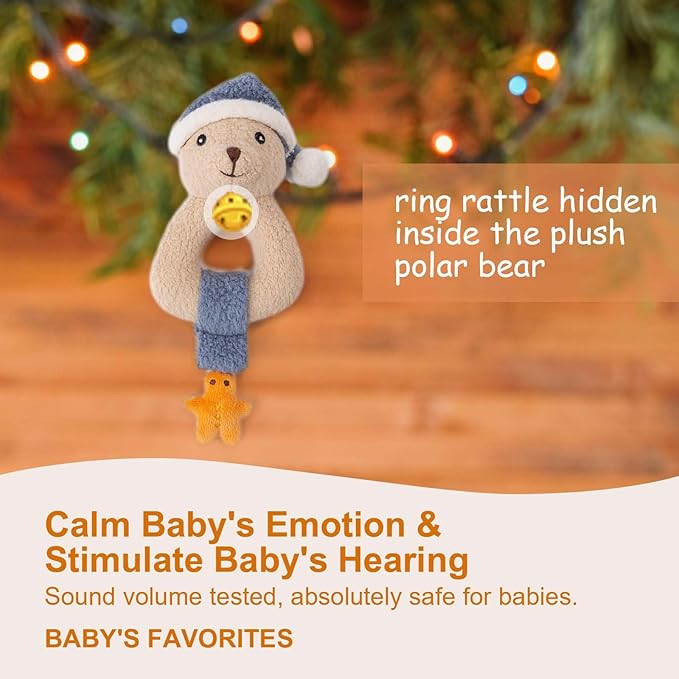 Organic Cotton Stuffed Animal Rattle Baby Toys, Plush Polar Bear Cuddle Cloth and Hand Grip Ring Rattles Plush Toy Set for Newborns Infant Boys Girls, 2 PCS